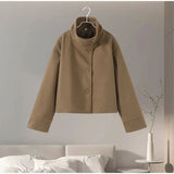 Solid High Neck Double Button Topcoat Dropped Shoulder Loose 2025 Autumn Short Elegant Jacket Women Urban Casual Lady Outerwear