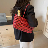 Small Solid Color Weave Tote Bags for Women Fashion Summer Shoulder Bags Simple Handbags Hollow Out Beach Bag