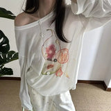 Elegant Off Shoulder T Shirt Women Korean Style Transparent Long Sleeve Tees Y2k Thin Loose Vintage Streetwear Tops