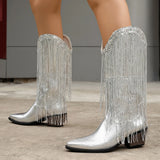 Pbong  Glittering Silver Cowboy Boots with Long Tassels, Pointed Toe Western Boots, Chunky Low Heel Biker Style