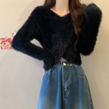 Fuzzy Knit Wrap Front Top Women Long Sleeve Criss-Cross Fluffy Sweater Fitted Crop Top Pullover Ladies Autumn Winter Y2K Outfit