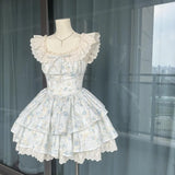 Pbong  WomenS Pink Floral Lace Ruffled Mini Dress Square Neck Tiered Skirt Sweet Lolita Style Party Dress