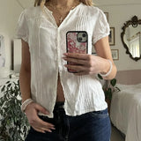 y2k Shirt Top Women Fairycore Clothes White V Neck Short Sleeve Button Down Pleated Blouse 2000s Aesthetic Clothing﻿
