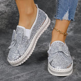Pbong  Women's Gold Silver Bowtie Sequin Flats Shiny Crystal Thick Sole Platform Loafers Ladies Light Comfort Non Slip Casual Shoes