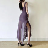 Pbong  Skinny High Waist Strapless Dresses Summer Women's Dress New Sexy Solid Solid Mesh Ruffle Edge Split Maxi Hip Wrap Dress