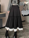 Pbong  Japan Y2K Black Long Skirts Women Vintage Lace Patchwork Loose Skirt Harajuku Casual Streetwear Female Retro A Line Skirt