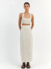 Elegant Cotton Linen Skirts Sets Vacation Bandage Top Women High Waist Split Skirts Summer 2-Piece Skirts Sets