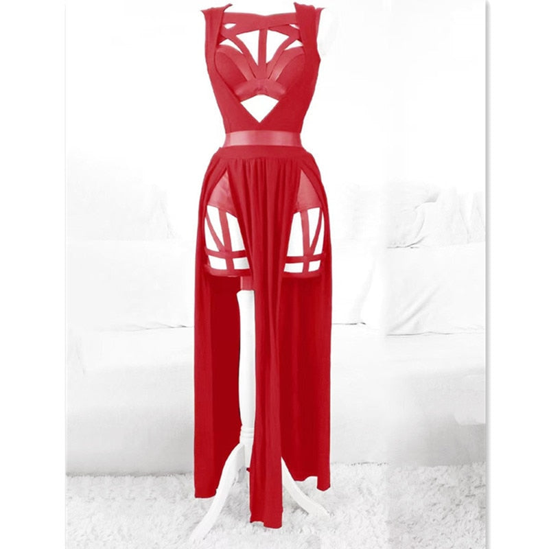 New 3 Pieces Sets Women  Dress with Chest Pads Gothic Sexy  Erotic Lingeries Party Wear Red Bandage Hollow Out Women Sets