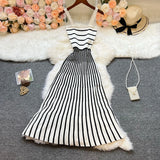 Chic Fashion Vintage Spaghetti Straps Stripes Patchwork Knitted Dress Spring Summer Women Casual Long Sweater Dress
