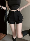 Pbong  Korean Casual Cargo Shorts Women Pockets High Waist Streetwear Shorts Summer All Match Lady Simple Solid Slim Cargo Shorts