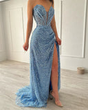 Pbong  Light Blue Vestidos Noche Heart Neck Mermaid Glitter Prom Dresses Elegant Floor-Length Side Formal Evening  Spar formal dress