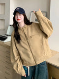 Women Faux Suede Y2K Jacket Streetwear Loose Long Sleeve Vintage Coat American Casual Harajuku Retro Stand Collar Fall Tops