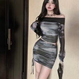 American Sexy Off The Shoulder Slim Fit Two Piece Sets Constrast Color Y2k Aesthetic Long Sleeve Tops Side Drawstring Skirts