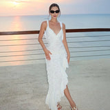 Pleated Irregular Mini Dress Women Sexy Backless V neck Sling Dress Slim Sleeveless Summer Vacation Party Cloth Lady New