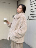 Faux Lamb Vintage Coat Women Long Sleeve Winter Warm Sweet Jacket Korean Casual Female Pockets Solid Slim Retro Outwear Top