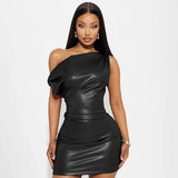 Luxury Leather Strapless Short Dress Chic Womens Summer Sexy Party Waist Curvy Dresses 2025 Evening Red Green Brown Y2K Cocktail