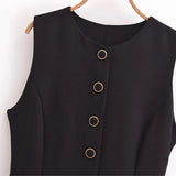 Summer New Sleeveless Button Women's Playsuit Round Neck Elegant Chic Black One Piece Fashion All-match Woman Clothing
