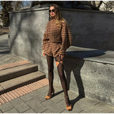 2025 Spring Retro Plaid Women Set Casual Chic Full Sleeve Zipper Jacket High Waist Pockets Shorts NEW Lady Office Suit Commute