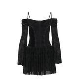 Goth Black Lace Flocking Off-Shoulder Flared Sleeve Party Dresses Y2K Vintage Velvet Patchwork A-Line Mini Dress Women