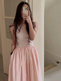 Korean Style round Neck Slim Fit Splice Pleated Maxi Dress Women's Sleeveless Dress Spring  Elegant Long Skirt