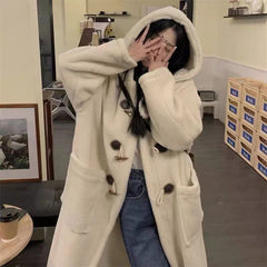 Lamb Wool Coat Women's Knee Over Mid Length Autumn/Winter New Cowhorn Button Japanese Loose Cotton Coats for Women