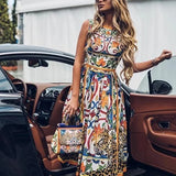Pbong  Retro Fashionable Floral Print Women's Dress Knee-Length Sleeveless round Neck Empire Waist Elegant Gown for Ladies