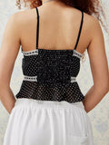 Women Dot Print Camisole Slim Lace Trim Tie Front Square Neck Backless Spaghetti Strap Crop Tank Tops Summer Clothes