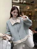 Faux Suede Lamb Jackets Women Winter Warm Thick Sweet Cute Short Coat Korean Vintage Loose Long Sleeve Preppy Style Tops