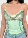 Sweetown Green Lace Patchwork Two Layers Mesh Y2K Camisole Sleeveless Slim Sexy Cute Crop Top Women Summer Vacation Tanks Camis