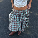 Cottage Plaid Low Low Rise Midi Skirt Vintage Tie-Up Ruffle Hem A Line Skirt Women Gingham Loose Tiered Skirt Y2k Streetwear
