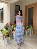 Romance Off The Shoulder Floral Sleeveless Mesh Top Gradient Blue Summer Tank Top Woman 2025 Korean Fashion