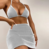 3 Pieces Ribbed Bikinis Halter Triangle Swimsuit & Skirt Swimwear Women Bathers Bathing Swimming Swim Suit Female Beachwear