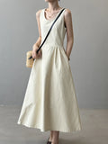 Fashion Sleeveless Long Dress Cotton Blend Solid Color Casual Summer New Dress A-line Backless Vacation Beach Dresses For Women