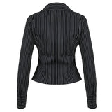 Causal Basic Women Stripe T-Shirt Long Sleeve Up Turn Down Collar Slim Black All-Match Shirts Simple Classical