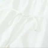 Pbong  Sweet White Ruched Chest Spliced Lace Short Sleeve Mini Dress Women Bow Sashes Back Sling Strap Mini Dresses Party Robe