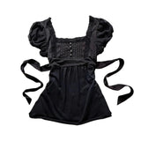 Punk Fashion French Elegant Square Collar Short Sleeve T Shirts Harajuku Spliced Lace Edge A-line Clothes Y2k Lace Up Design Tee