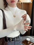 Light Yellow Sweater Woman Long Sleeve Rib-knit Mock Neck Sweater Pullover Plain Mockneck Jumper Autumn Winter Basic Outfit