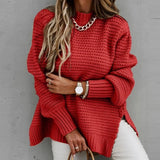Chunky Knitted Mock Neck Sweater Side Slit Long Sleeve Pullover Female Knitwear Autumn Winter Women Casual Chic Outfit
