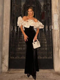 Women Strapless Satin Patch Ruffles Long Dress Sexy Off Shoulder Backless Sleeveless Maxi Dresses Female Evening Party Lady Robe