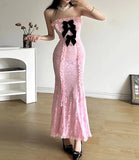 Winter Bachelor Party Formal Pink Sweet Tight Sexy Mature Beautiful Confident Women'S Long Pleated Chest Wrap Dress