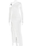 Oblique Shoulder Thigh High Split Maxi Dress Women Long Sleeve Backless Bodycon Sexy Club Party Long Dress Vestidos
