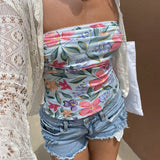 Floral Pattern Tube Top Bandeau y2K Coquette Folds Strapless Crop Top Fairy Sexy Backless Slim Fit Vest Women Boho Beach Clothes