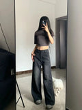 Korean Vintage High Waist Women's Jeans Y2K Slimming Pear-Shaped Loose Straight Bell Bottoms Black Gray Baggy Denim Trousers