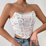 Fashion High Street American Strapless Corsets Shaper Exquisite Flower Embroidery Appliques Tank Top Y2k Summer All Match Tees