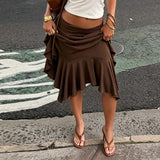 Pbong  Vintage Lace Up Knitted Irregular Hemline Brown Skirts Women Daily Casual All Match Low Waist Knee-length Bottom Wear Summer New