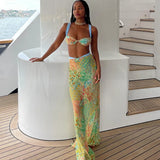 Summer Sexy Print 3 Pics Dress Set Women Pleated Bra + Low Waist Print Long Skirt Suit Female Summer Vacation Beachwear Suits