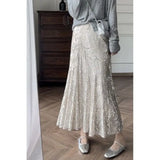 Silver Sequin A-line Fishtail Skirt Vintage Skirts for Woman Long Dress Korean Fashion Y2k Clothing Faldas Para Mujeres