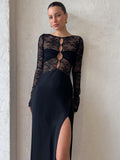 Patchwork Sexy See Through Lace Women Maxi Dress Hollow Out High Slit Evening Dress Female Skinny Elegant Party Clubwear