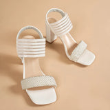 Pbong  Women's Fashion High Heels Sandals with Pearls Summer Square Toe Thick Heeled Dress Sandals Woman Elegant Banquet Party Shoes