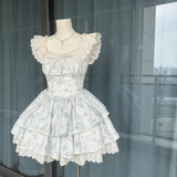Pbong  WomenS Pink Floral Lace Ruffled Mini Dress Square Neck Tiered Skirt Sweet Lolita Style Party Dress